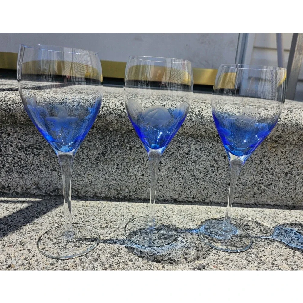 Set of 3 Wine Glasses Cobalt Blue Etched Nautical Theme Starfish Jellyfish 9.25